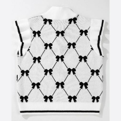 Chandler White Preppy Vibes Bow Print Zipped Collar Sweater Tee