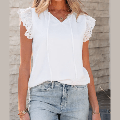 Josephine White Embroidered Ruffle Trim Textured Blouse