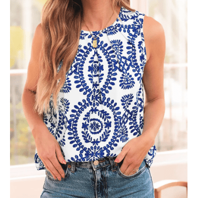 RTS Prinny Blue Vintage Print Pintuck Crew Neck Tank Top