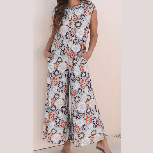 Maralie Sky Blue Floral Sleeveless Buttoned Pocketed Wide Leg Jumpsuit