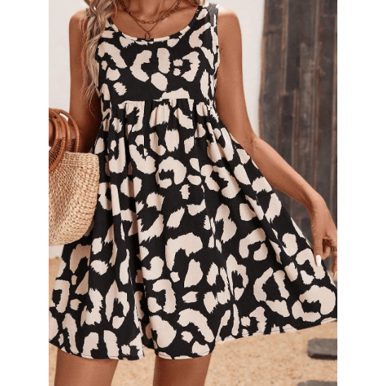 Ginnifer Black Leopard Print U Neck Sleeveless High Waist Dress