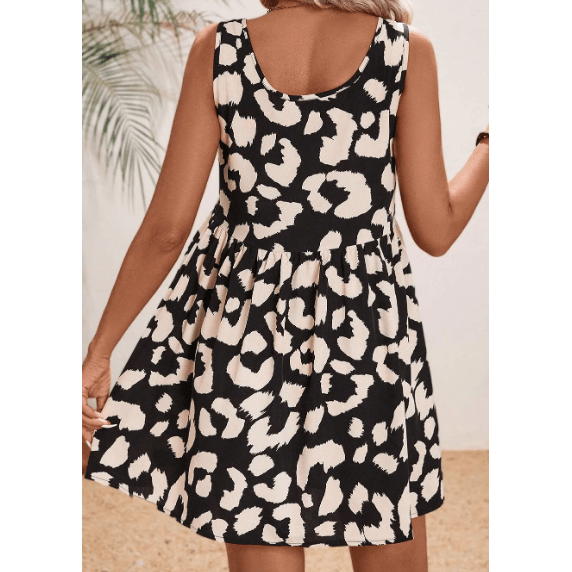 Ginnifer Black Leopard Print U Neck Sleeveless High Waist Dress