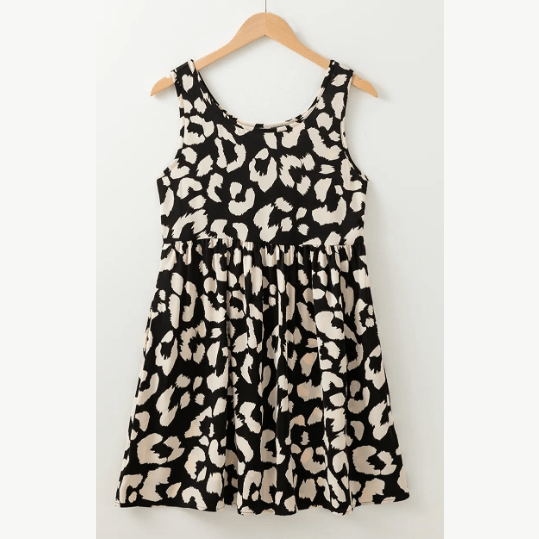 Ginnifer Black Leopard Print U Neck Sleeveless High Waist Dress