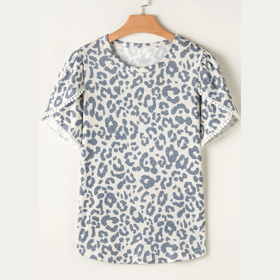 Angelonia Beige Leopard Round Neck Lace Trim Petal Sleeve T Shirt