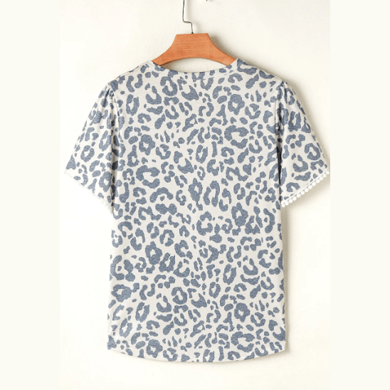 Angelonia Beige Leopard Round Neck Lace Trim Petal Sleeve T Shirt
