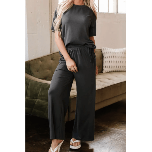 REDUCED!!!  Dion Dark Grey Drawstring Side Crewneck Tee and Loose Pants Set  REDUCED!!!