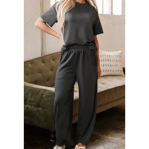 REDUCED!!!  Dion Dark Grey Drawstring Side Crewneck Tee and Loose Pants Set  REDUCED!!!