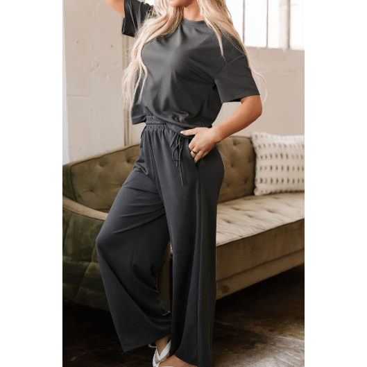 REDUCED!!!  Dion Dark Grey Drawstring Side Crewneck Tee and Loose Pants Set  REDUCED!!!