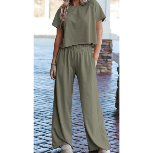 Fiona Seagrass Raw Hem Loose Tee and Wide Leg Pants Set