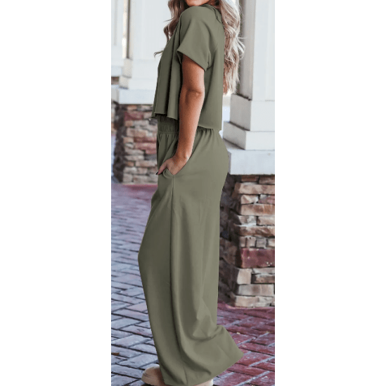 Fiona Seagrass Raw Hem Loose Tee and Wide Leg Pants Set