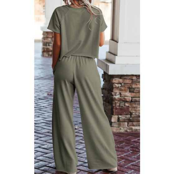 Fiona Seagrass Raw Hem Loose Tee and Wide Leg Pants Set