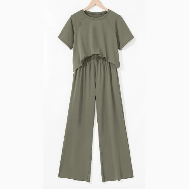 Fiona Seagrass Raw Hem Loose Tee and Wide Leg Pants Set