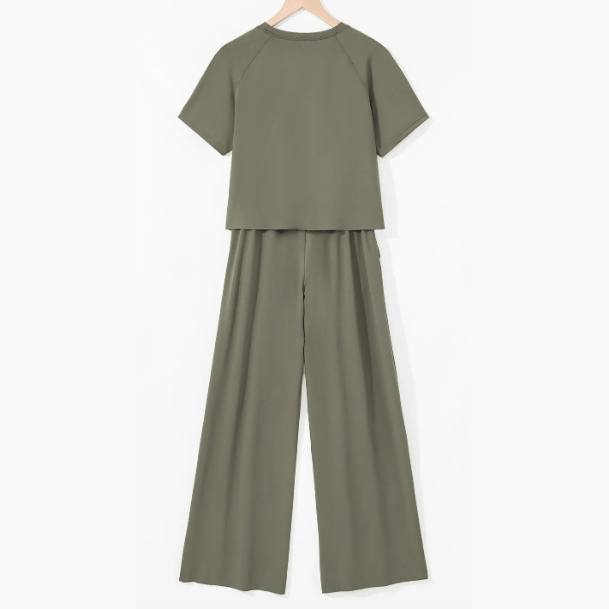 Fiona Seagrass Raw Hem Loose Tee and Wide Leg Pants Set
