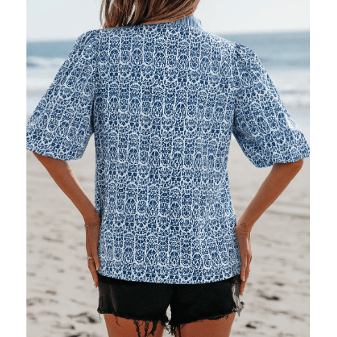 Graylynn Blue Floral Striped Print Contrast Ric-rac Puff Sleeve Top