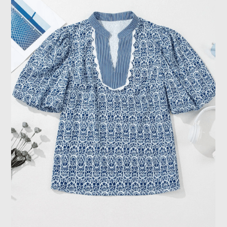 Graylynn Blue Floral Striped Print Contrast Ric-rac Puff Sleeve Top