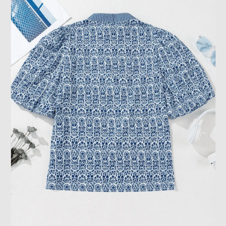 Graylynn Blue Floral Striped Print Contrast Ric-rac Puff Sleeve Top