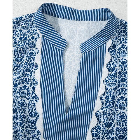 Graylynn Blue Floral Striped Print Contrast Ric-rac Puff Sleeve Top