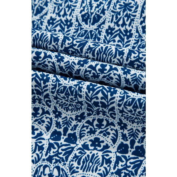 Graylynn Blue Floral Striped Print Contrast Ric-rac Puff Sleeve Top