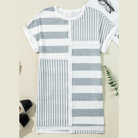 Glendora Grey Stripe Mixed Printed Short Sleeve Shift Mini T Shirt Dress