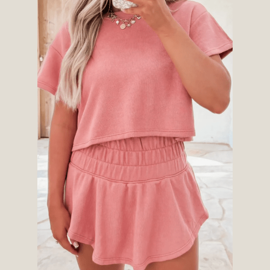 Marleem Pink Cropped Tee and Ruffle High Waist Skort Set