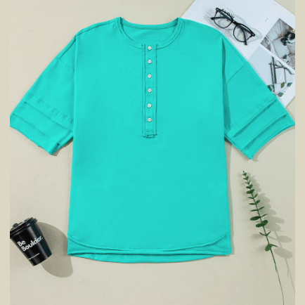 RTS Emily Green Half Sleeve Buttons Henley Top