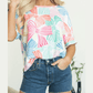 Irma White Multicolour Bowknot Printed Waffle Crewneck Loose Short Sleeve Top