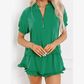 Shenaye Green Half Zip Puff Sleeve Top and Ruffled Shorts Set