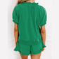 Shenaye Green Half Zip Puff Sleeve Top and Ruffled Shorts Set