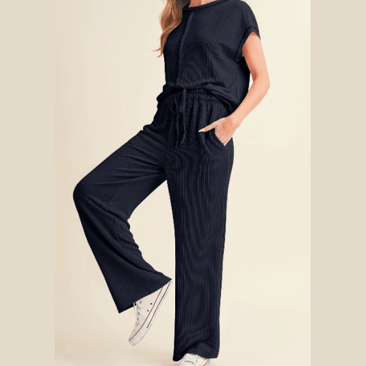 Trix Navy Corded Short Sleeve Top and Casual Pants Set