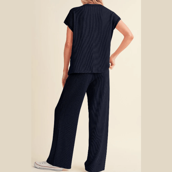 Trix Navy Corded Short Sleeve Top and Casual Pants Set