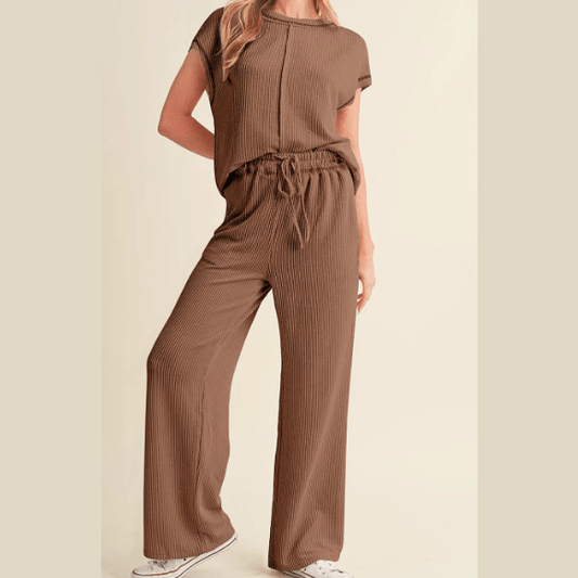 Trix Brown Corded Short Sleeve Top and Casual Pants Set
