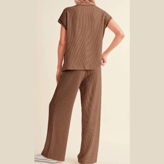 Trix Brown Corded Short Sleeve Top and Casual Pants Set