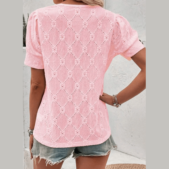 RTS Letta Pink Flower Geometric Textured Button Short Sleeve Top