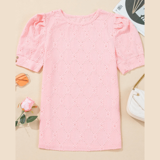 RTS Letta Pink Flower Geometric Textured Button Short Sleeve Top