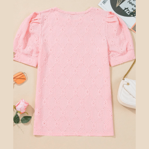 RTS Letta Pink Flower Geometric Textured Button Short Sleeve Top