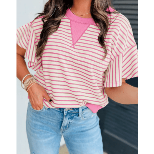 Maritsa Pink Contrast Detail Striped Ruffle Short Sleeve Top