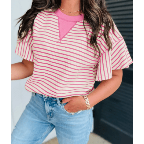 Maritsa Pink Contrast Detail Striped Ruffle Short Sleeve Top