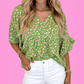 Morticia Green Floral Print Ruffle Sleeve V Neck Blouse Top