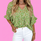 Morticia Green Floral Print Ruffle Sleeve V Neck Blouse Top