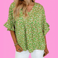 Morticia Green Floral Print Ruffle Sleeve V Neck Blouse Top