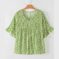 Morticia Green Floral Print Ruffle Sleeve V Neck Blouse Top