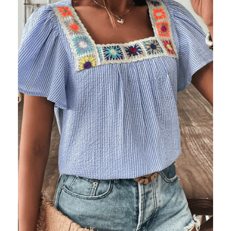 Cristina Sky Blue Stripe Textured Ruffle Short Sleeve Boho Detail Square Neck Blouse