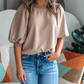 Karrie Half Lantern Sleeve Solid Colour Pullover Top