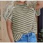 REDUCED!!!  Kassi Green Stripe Textured Side Slits Crew Neck T Shirt  REDUCED!!!