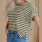 REDUCED!!!  Kassi Green Stripe Textured Side Slits Crew Neck T Shirt  REDUCED!!!