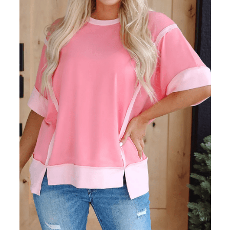 Delphine Peach Blossom Half Sleeve Raw Seam High Low Side Split Top