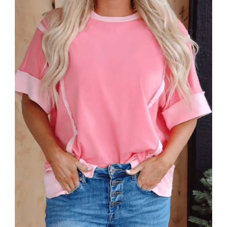 Delphine Peach Blossom Half Sleeve Raw Seam High Low Side Split Top