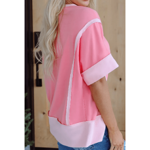 Delphine Peach Blossom Half Sleeve Raw Seam High Low Side Split Top