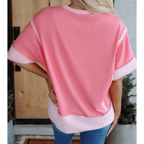 Delphine Peach Blossom Half Sleeve Raw Seam High Low Side Split Top