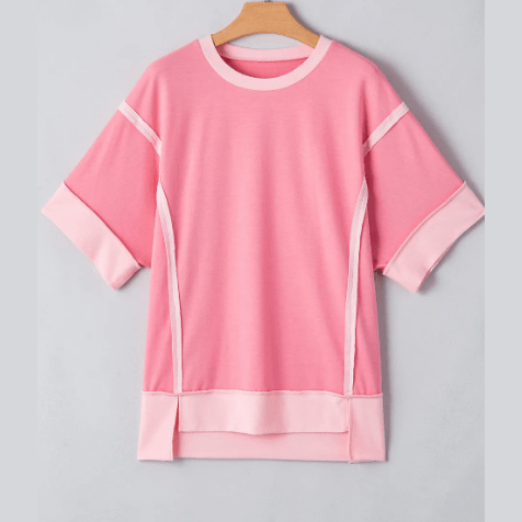 Delphine Peach Blossom Half Sleeve Raw Seam High Low Side Split Top